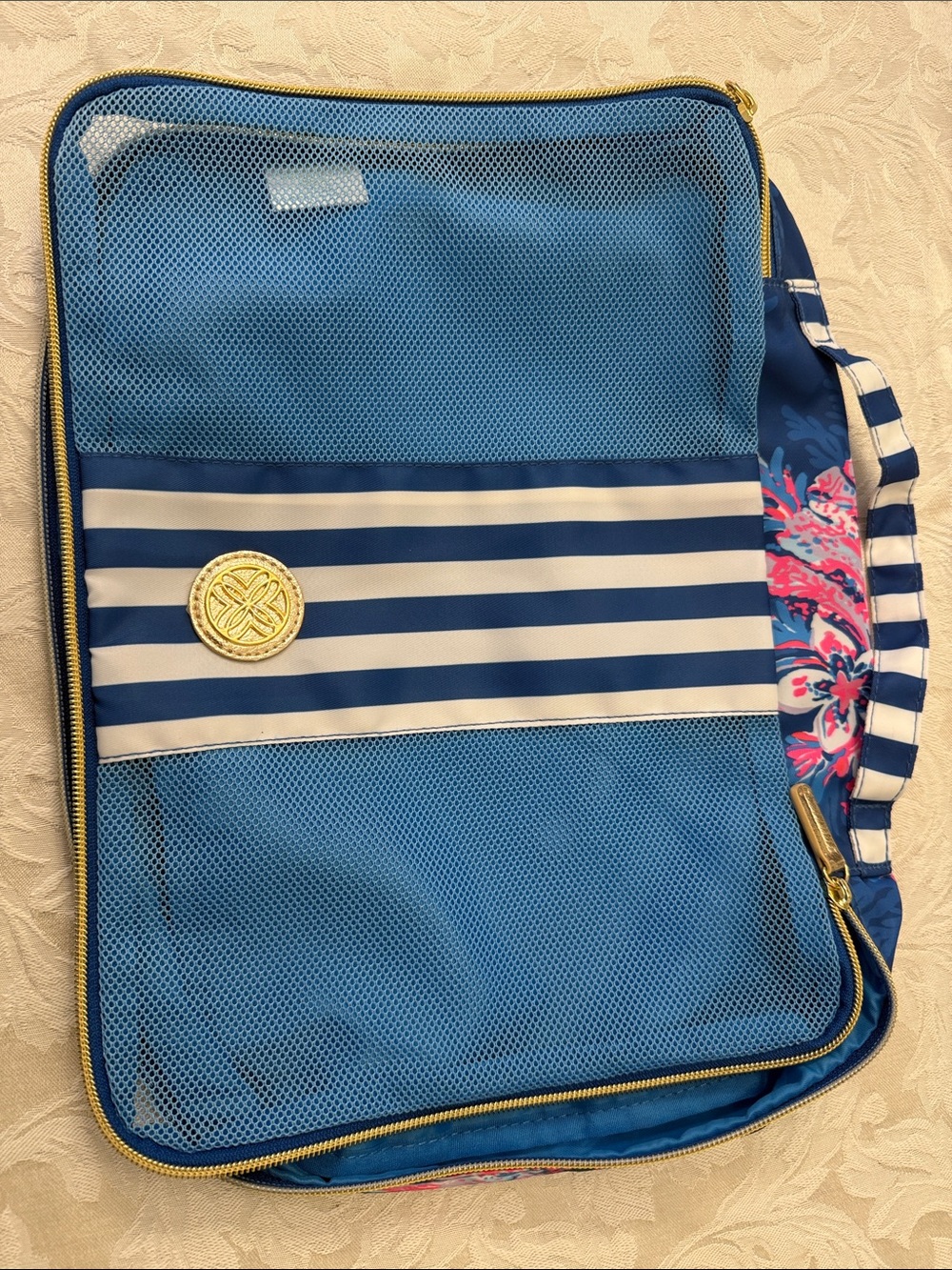 Lilly Pulitzer Blue Striped Mesh Travel Organizer with Gold Trim